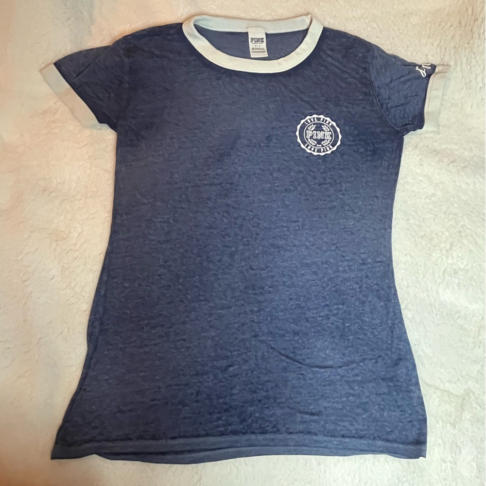 Pink By Victoria's‎ Secret Sheer T-Shirt- Small- Blue with Love Pink Logo